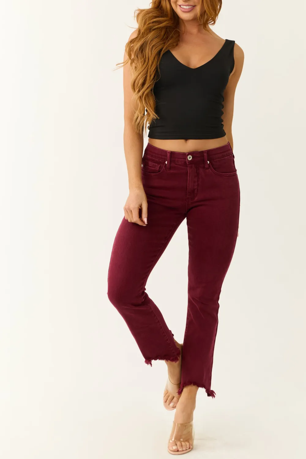 Wine Red Tummy Control Cropped Jeans