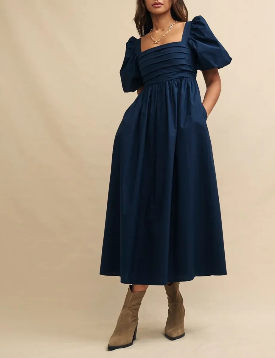 Navy Blue Ruched Bodice Midi Dress