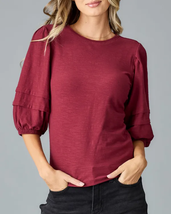 Wine Red Ruffled Three Quarter Sleeves Blouse
