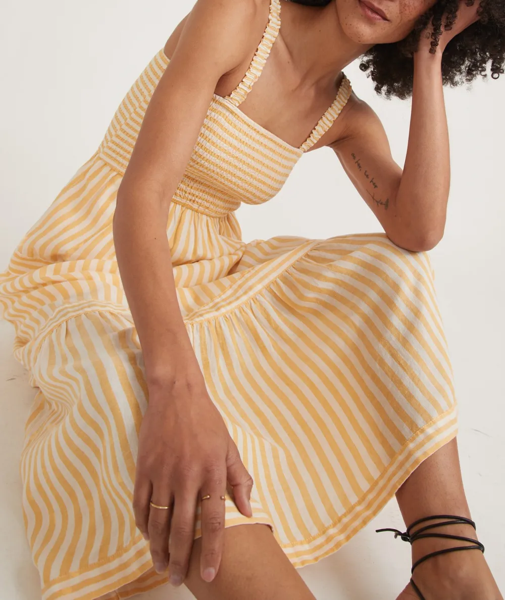 Yellow Striped Tiered Midi Dress