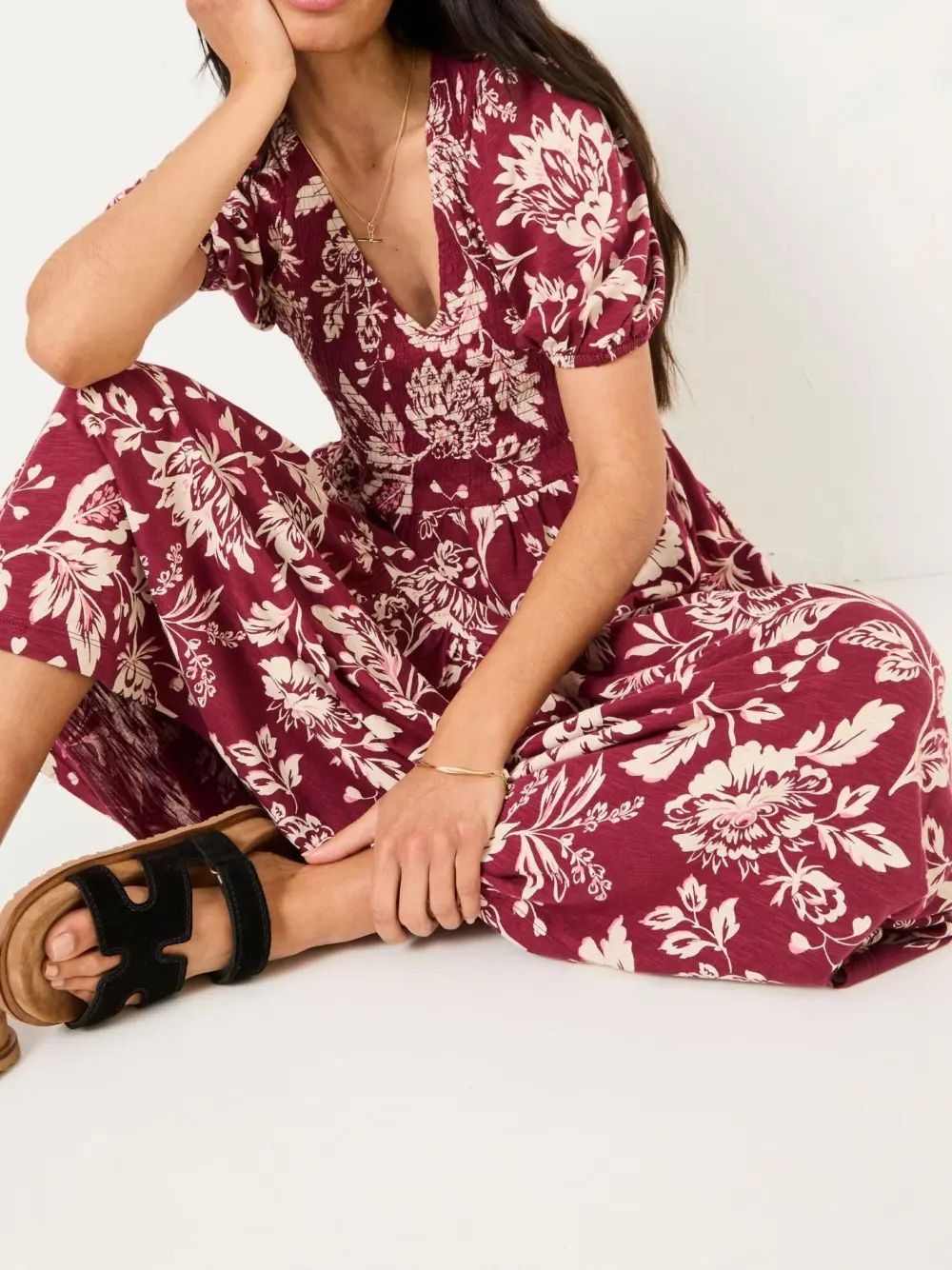 Burgundy Red Floral Short Sleeve Midi Dress