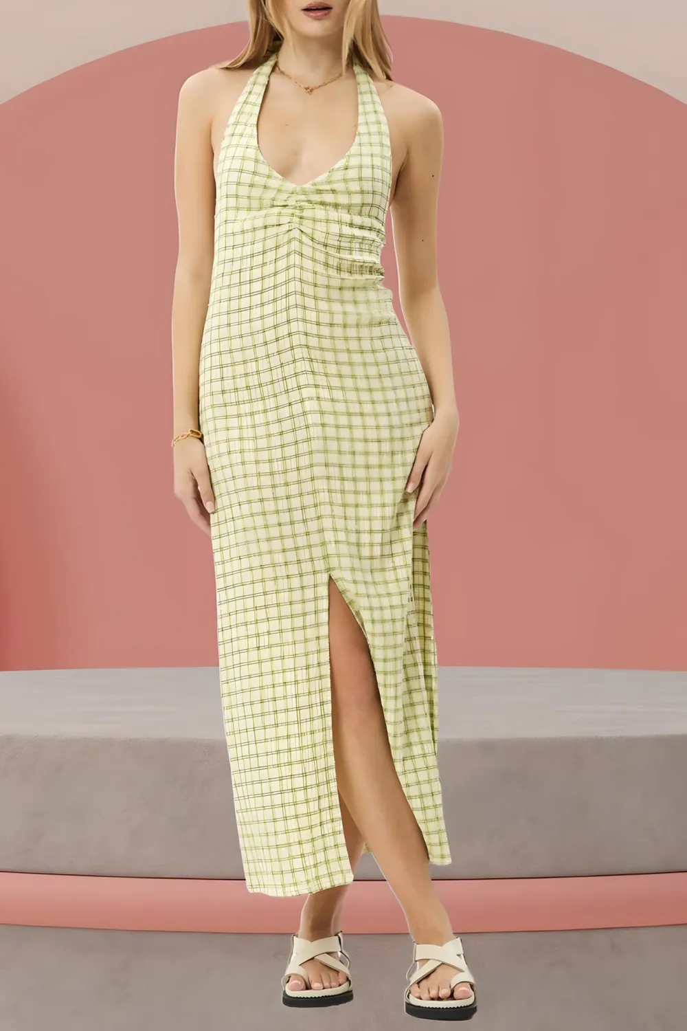 Lemon High-End Simple Plaid Collarbone Dresses