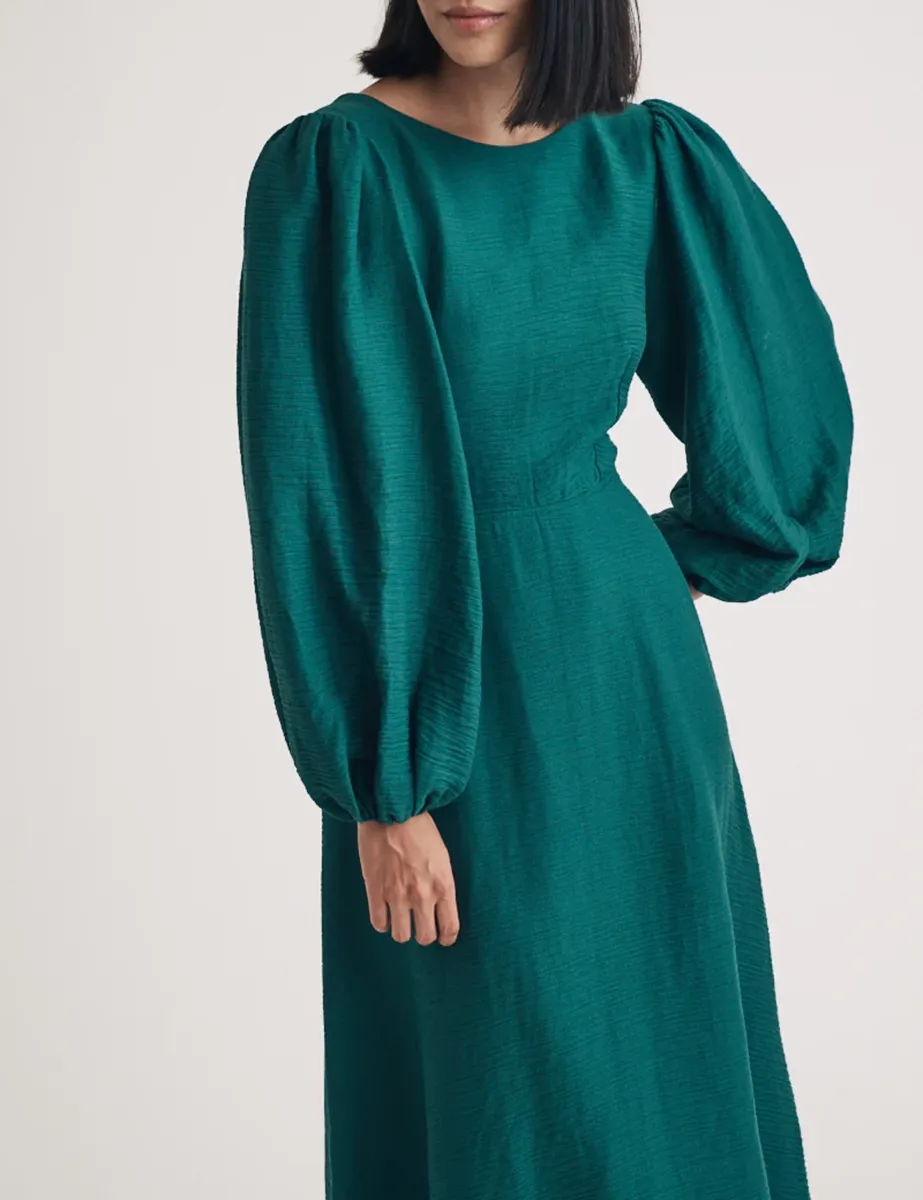Emerald Green Balloon Sleeve Midi Dress