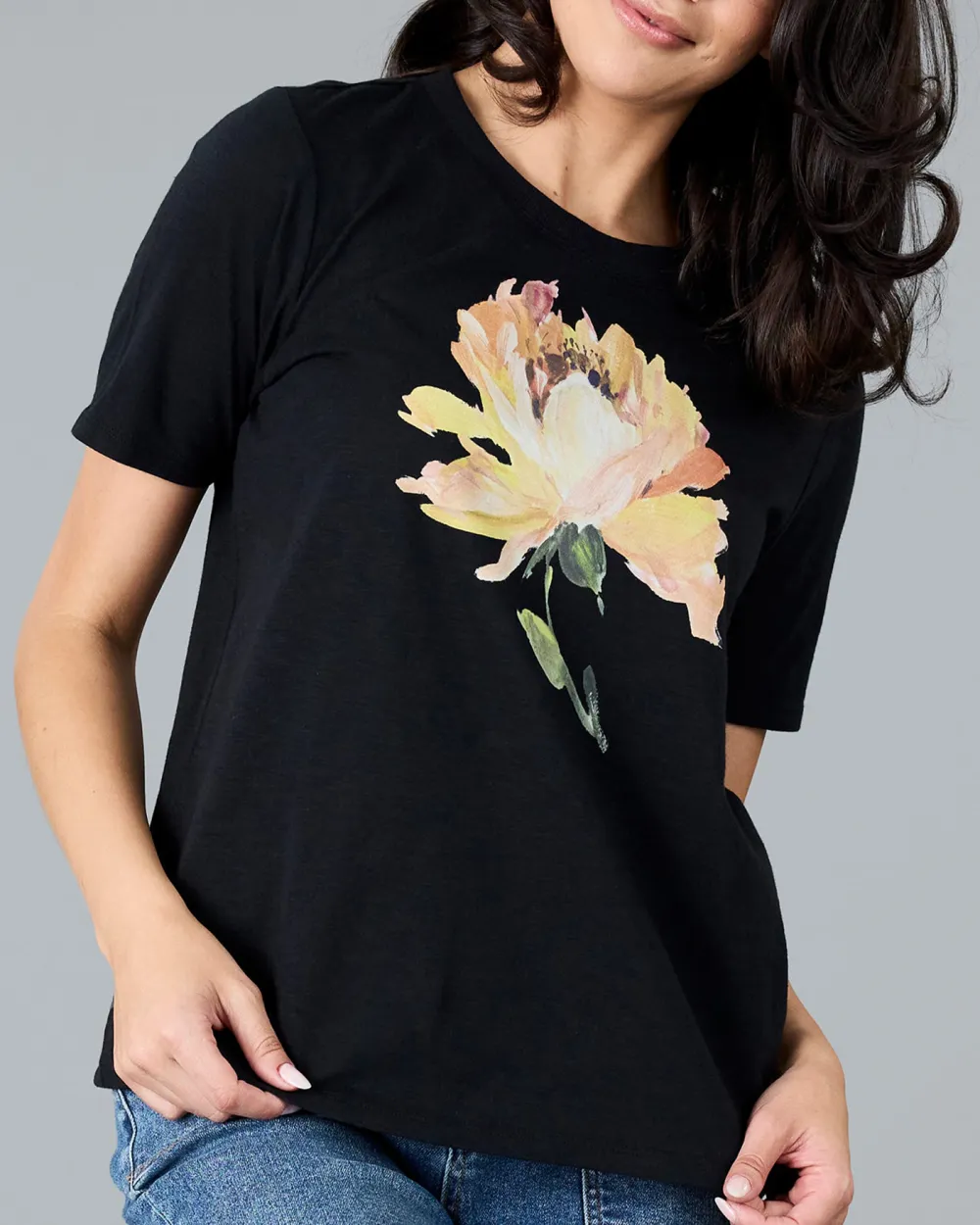 Black Graphic T-Shirt With Floral Print