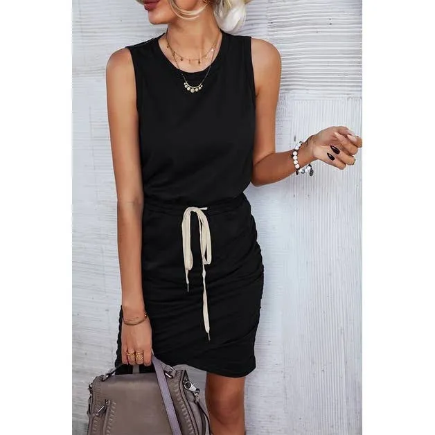 Drawstring Waist Ruched Sleeveless Mid Dress