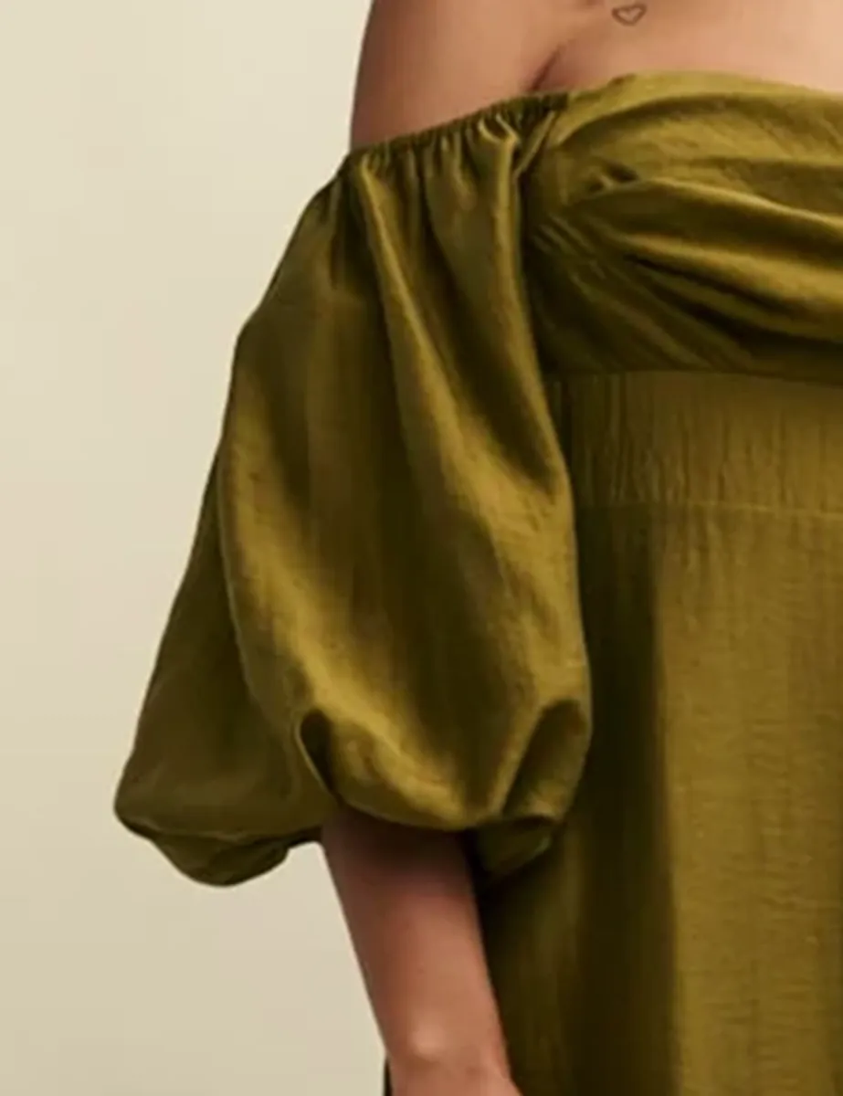 Olive Green Satin Puff Sleeve Maxi Dress