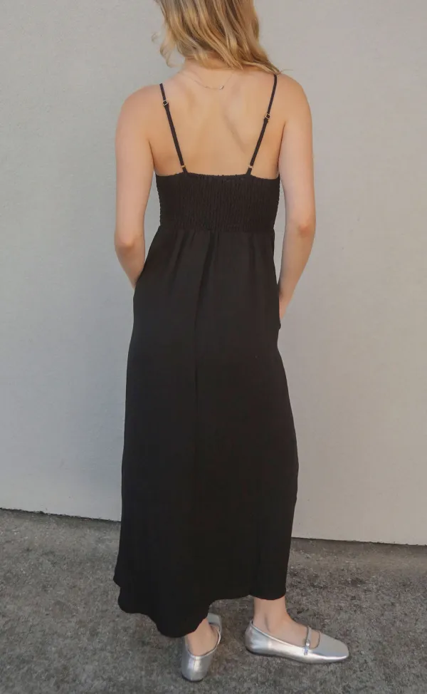 Black Smocked Strappy Midi Dress
