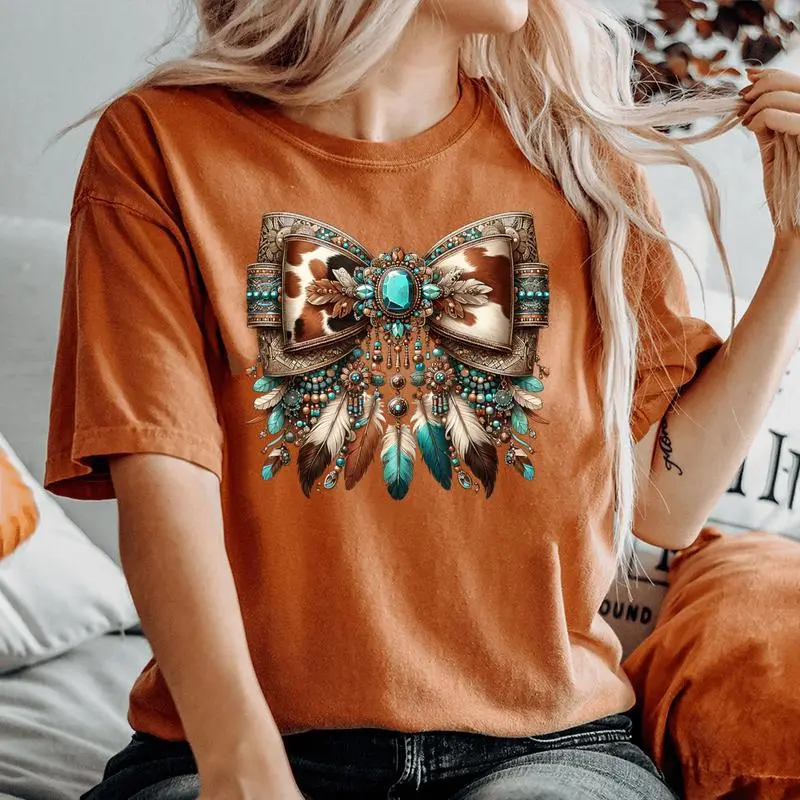 Western Girly Bow Cow Teal Turquoise Feathers Southwest Girl Women's Oversized Comfort T-Shirt