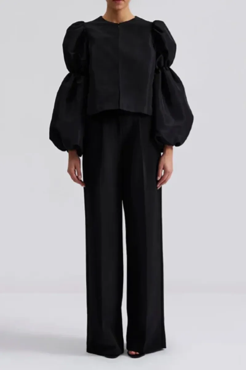 Puff Sleeve Crew Neck Black Blouses