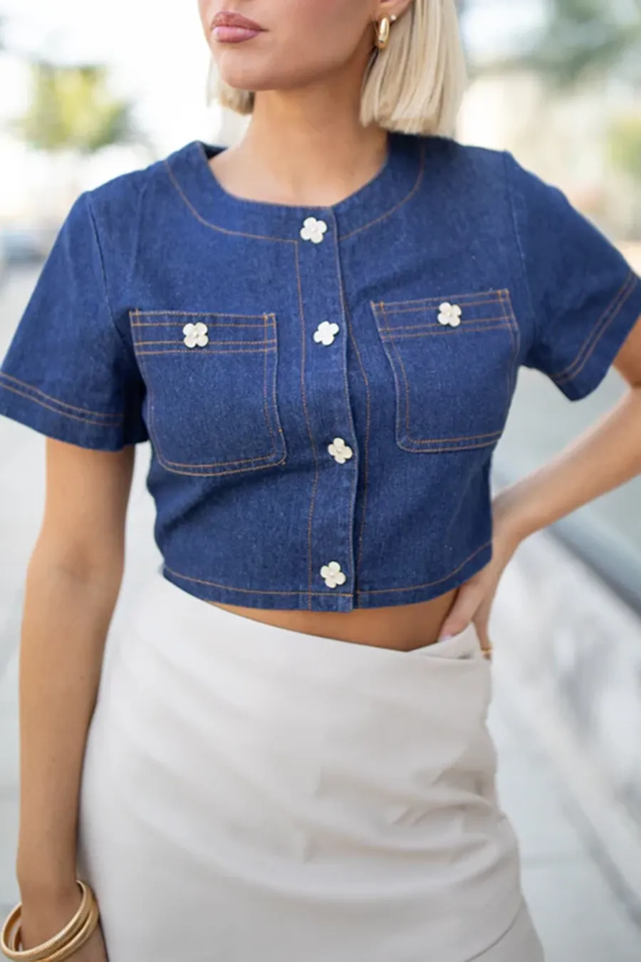 Dark Wash Denim Button Front Crop Blouse