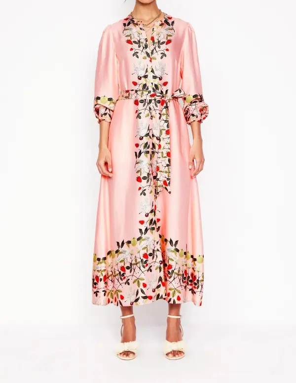Pink Floral Collarless Shirt Dress