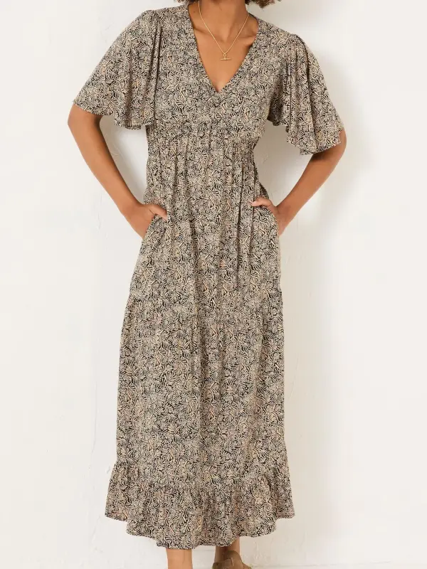 Black Floral Waist Tie Midi Dress