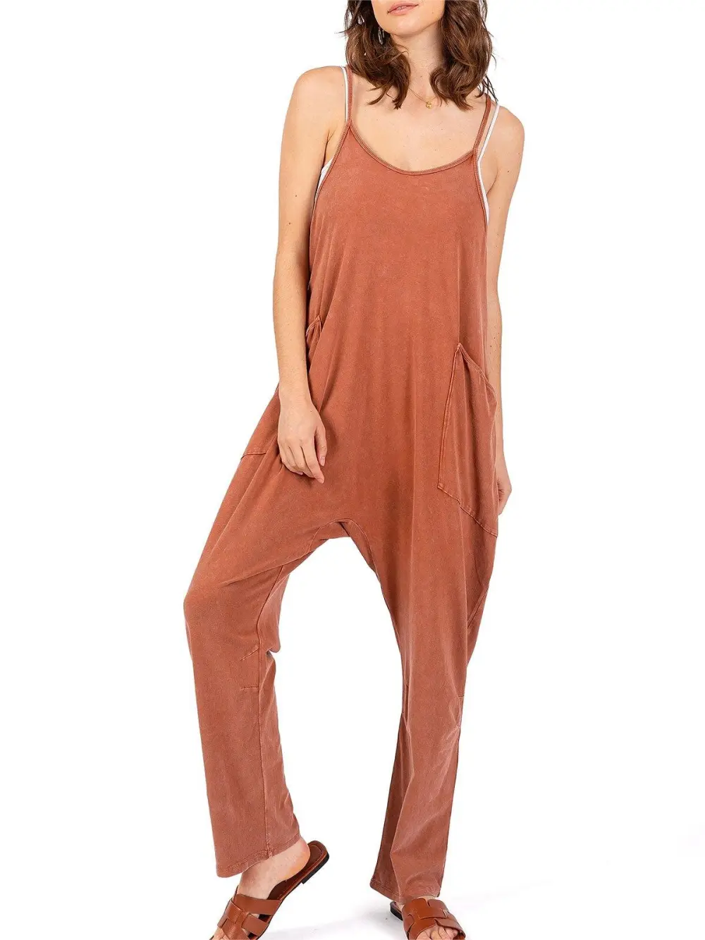 Rust - Colored Sleeveless Loose Jumpsuit