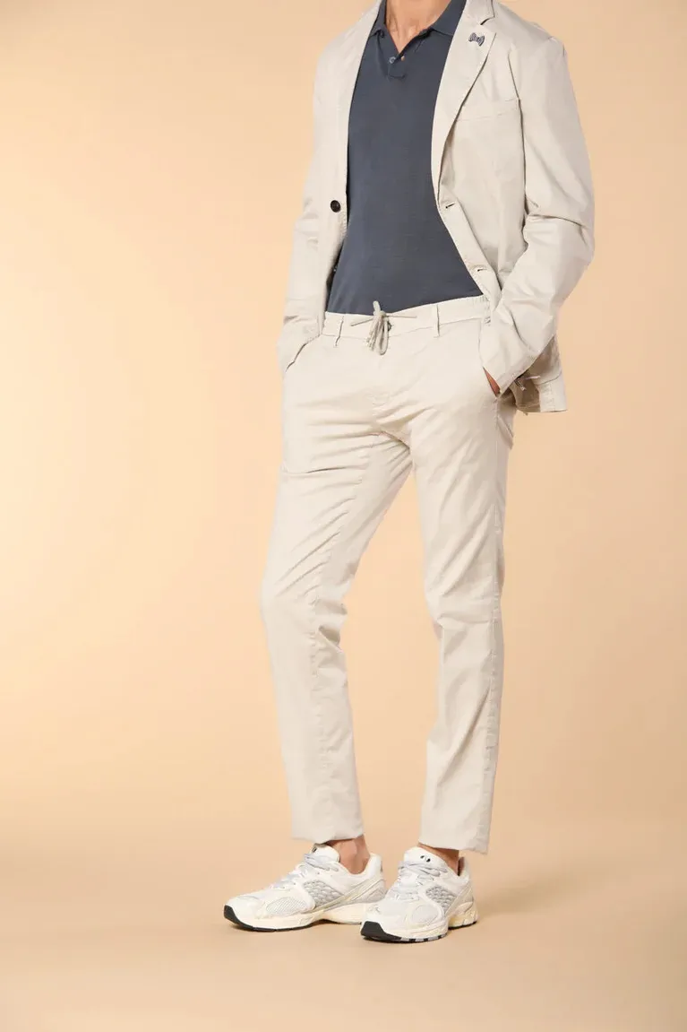 Men's Beige Cotton Twill Elastic Waist Slim Fit Trousers