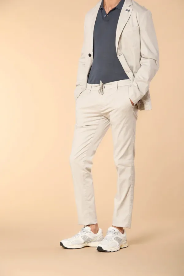 Men's Beige Cotton Twill Elastic Waist Slim Fit Trousers