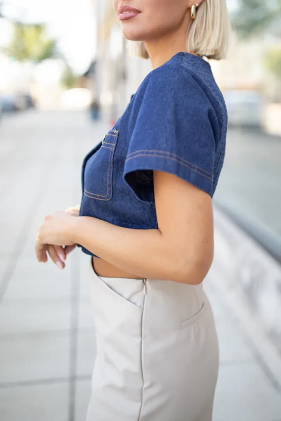 Dark Wash Denim Button Front Crop Blouse