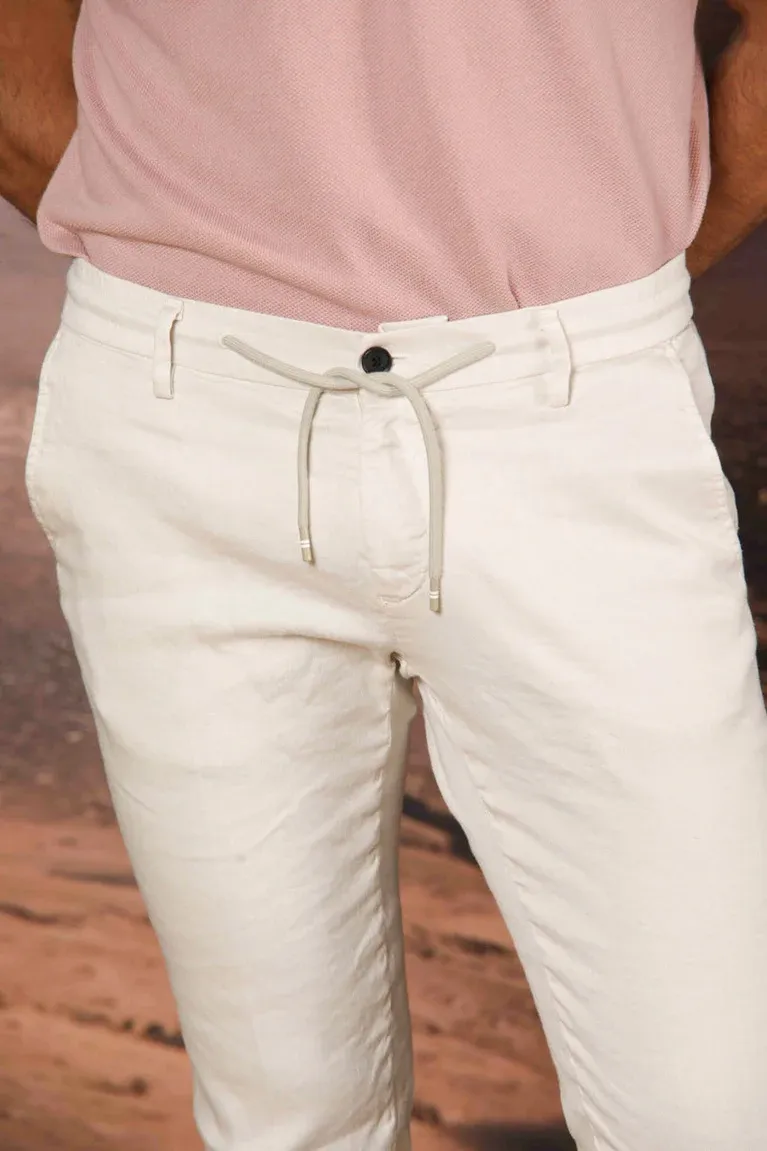 Men's Off-White Cotton and Linen Twill Elastic Waist Slim Fit Trousers