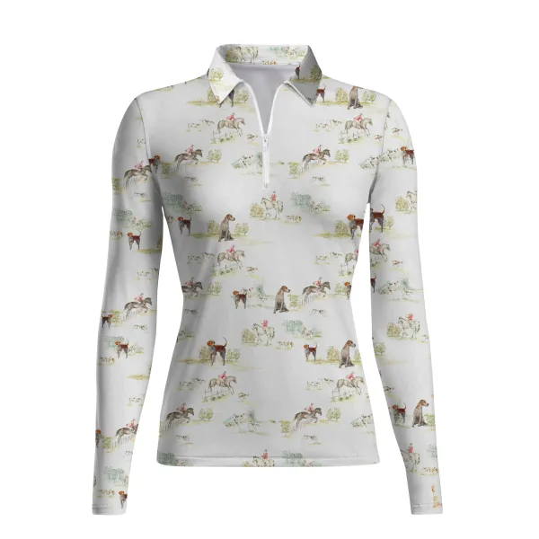 Women's Riding Style horse and hound Print Long Sleeve Casual Lapel Shirt