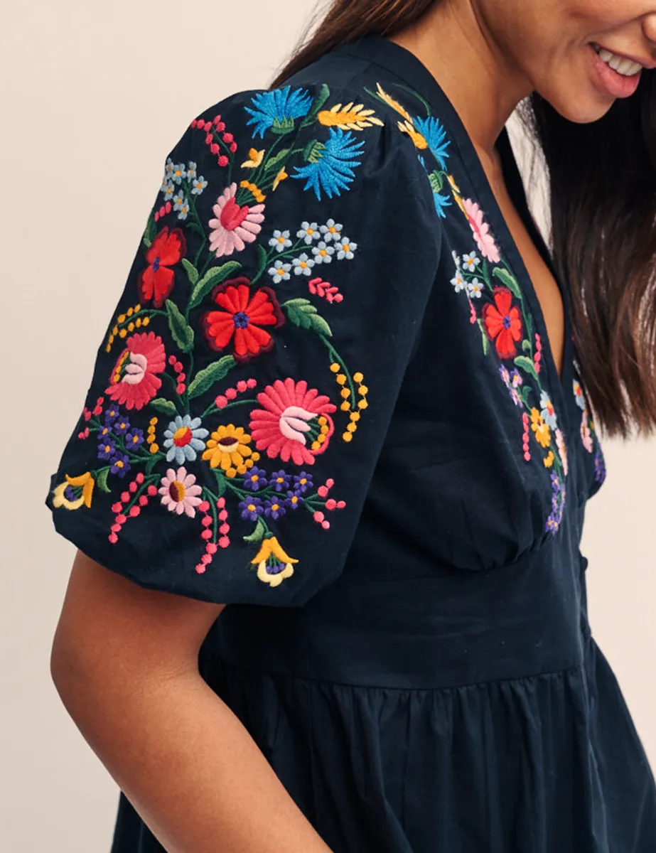 Black Embroidered V-Neck Top