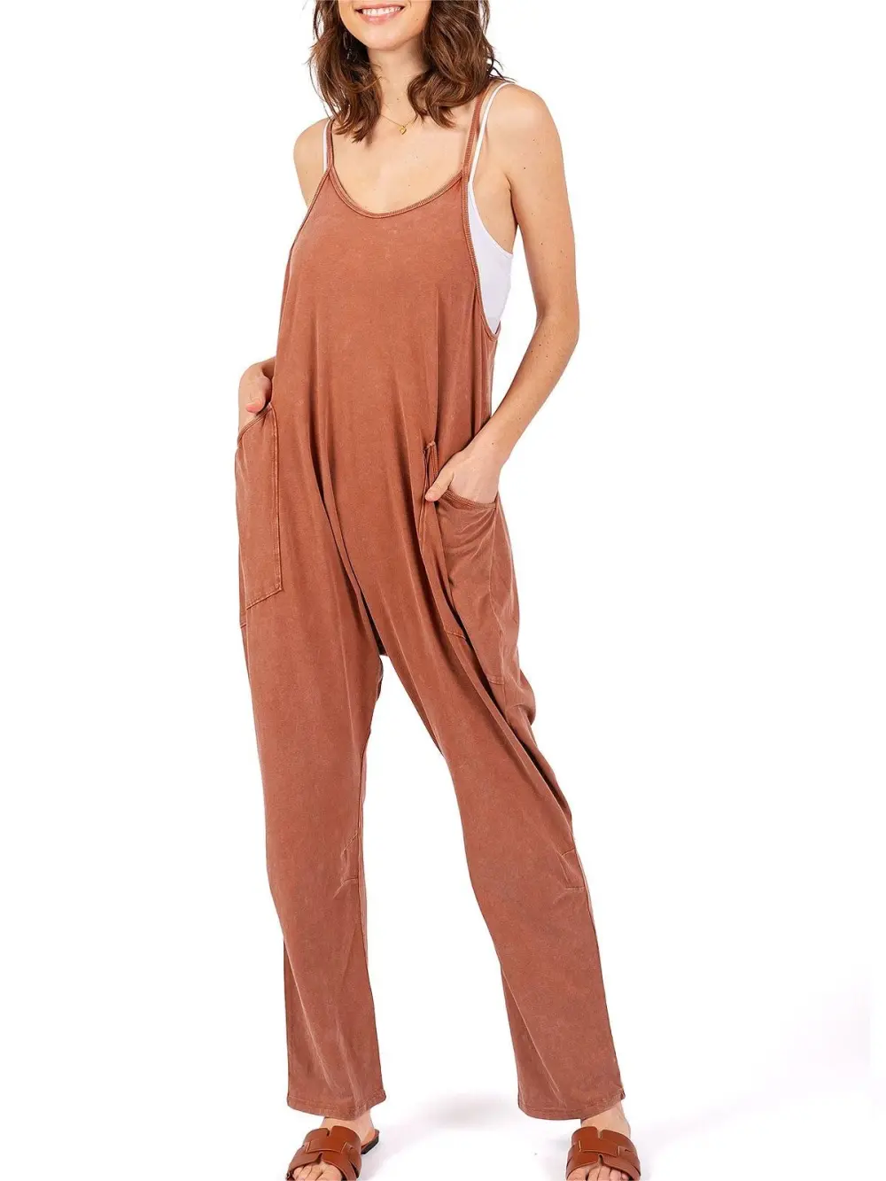 Rust - Colored Sleeveless Loose Jumpsuit