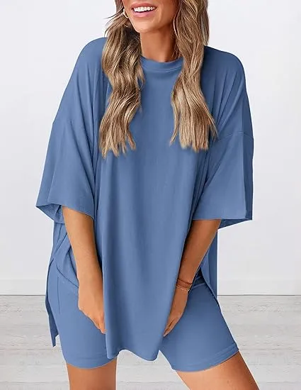 Women's Two Piece Lounge Set 2025 Summer Casual Oversized Shirts