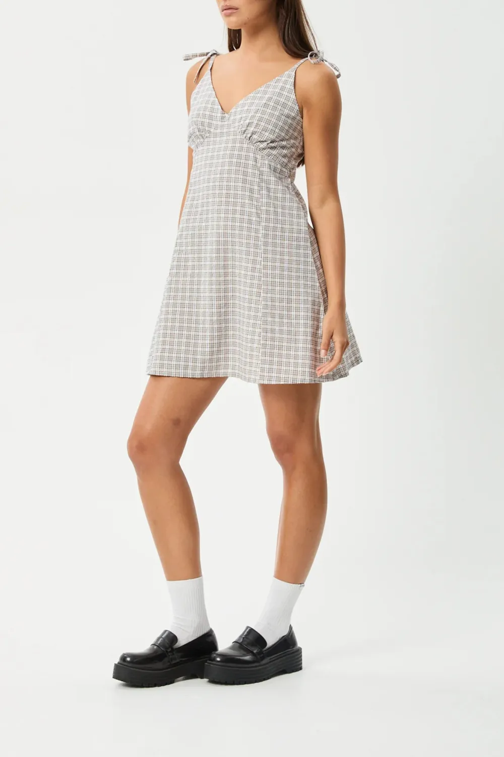 White Simple Plaid V-Neck Mini Dresses