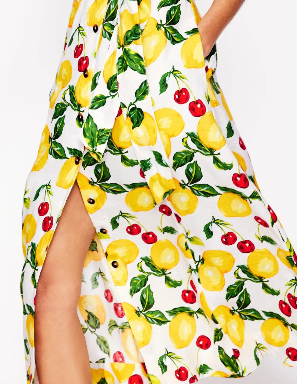 Lemon - Print Spaghetti - Strap Midi Dress