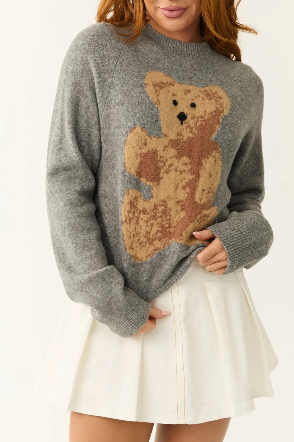 Steel Teddy Bear Graphic Semi Cropped Wool Sweater
