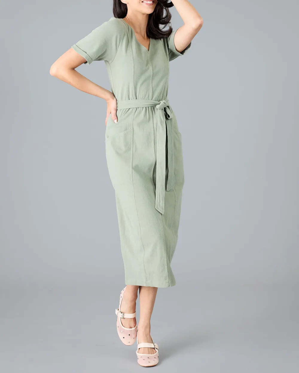 Slight Stretch V Neck Midi Dress