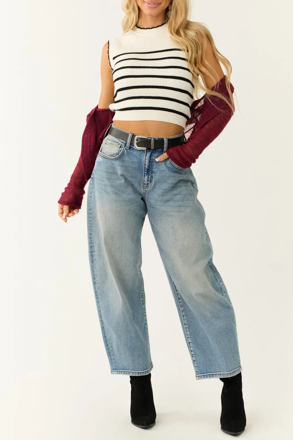 Ivory and Black Striped Scalloped Sweater Vest