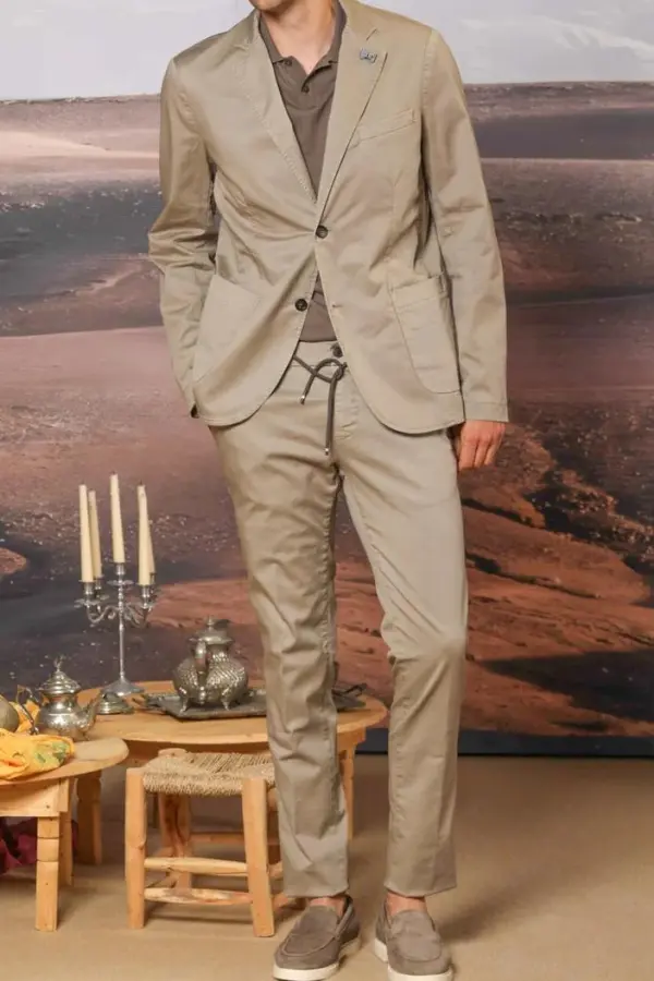 Men's Dove Gray Cotton Twill Elastic Waist Slim Fit Trousers