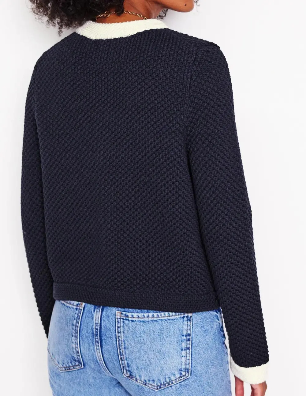 Navy and White Textured Knit Cardigan