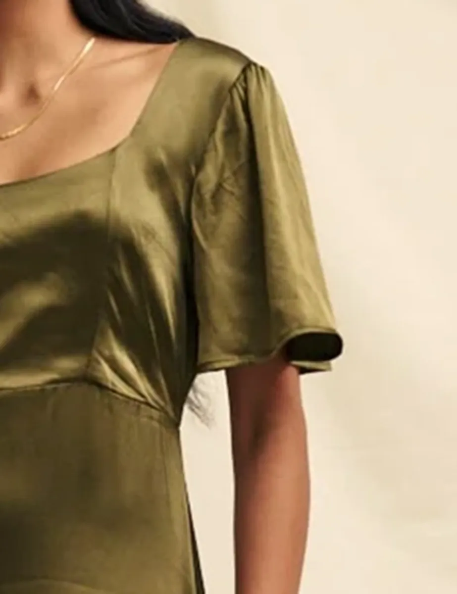 Olive Satin Square Neck Maxi Dress