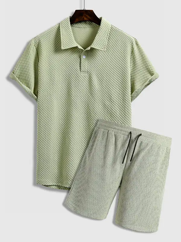 Men'S Solid Color Textured Lapel Polo Casual Shorts Set
