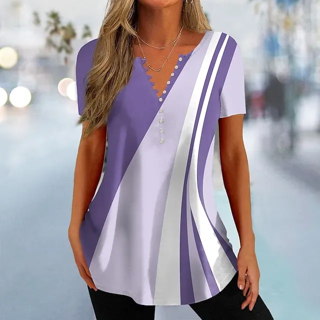 Women's T shirt Tee Black Pink Blue Color Block Button Print Short Sleeve Daily Weekend Basic V Neck Regular Painting S