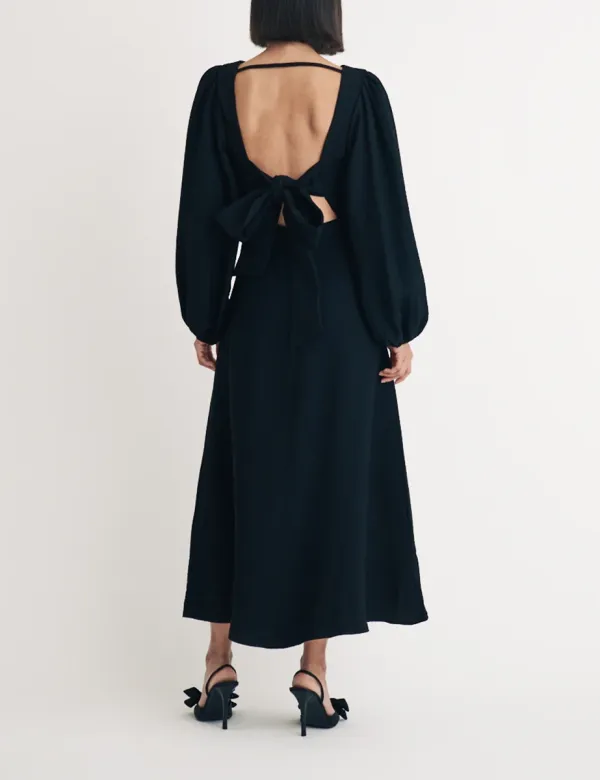 Black Backless Long Sleeve A-Line Midi Dress