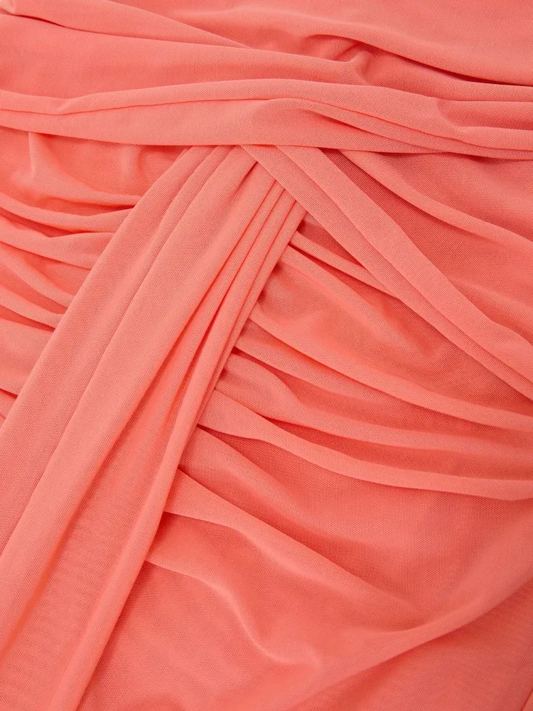 Orange Sheer Ruched Sleeveless Maxi Dress