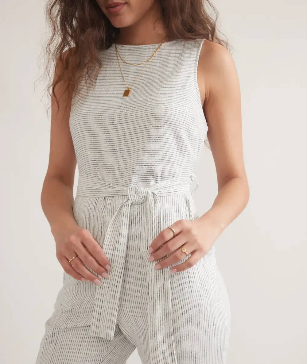 Belted Striped Linen Jumpsuit