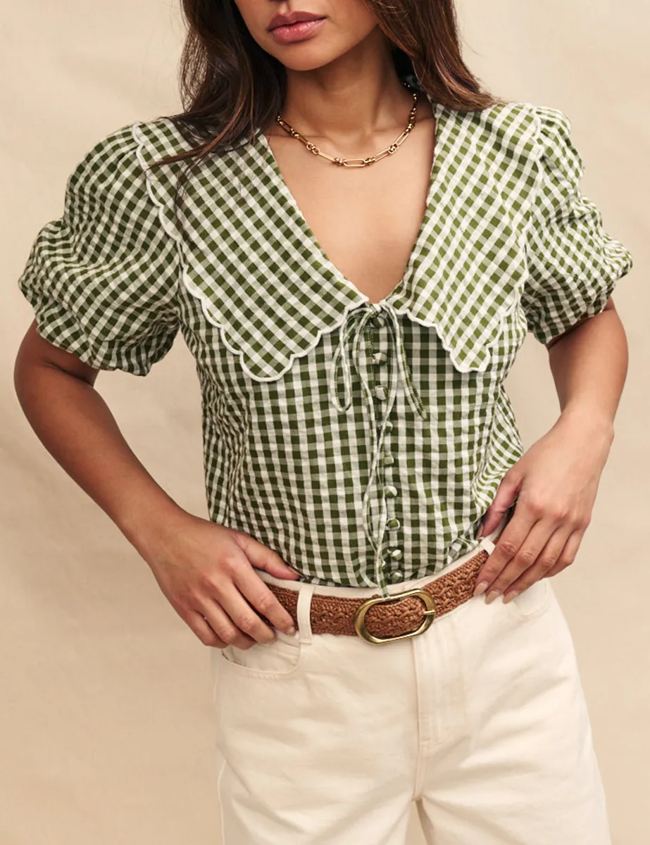Green Gingham Puff Sleeve Blouse