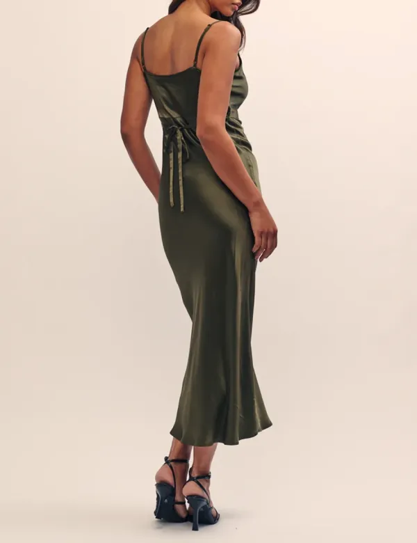 Green Satin Cowl Neck Midi Dress