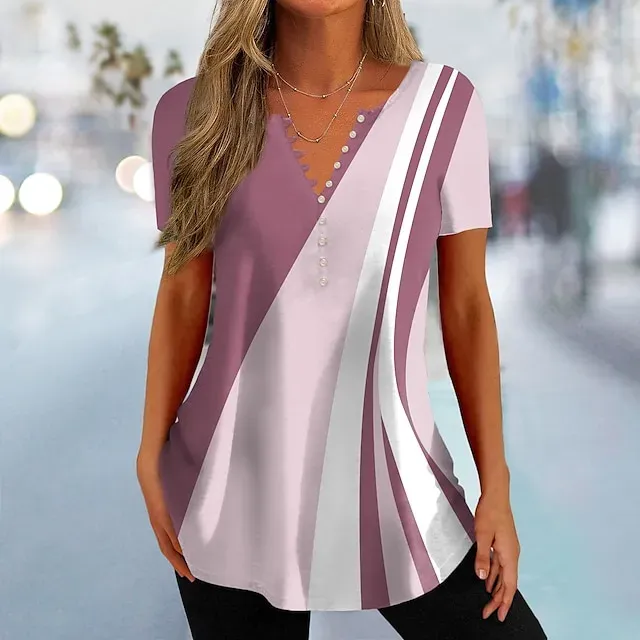 Women's T shirt Tee Black Pink Blue Color Block Button Print Short Sleeve Daily Weekend Basic V Neck Regular Painting S