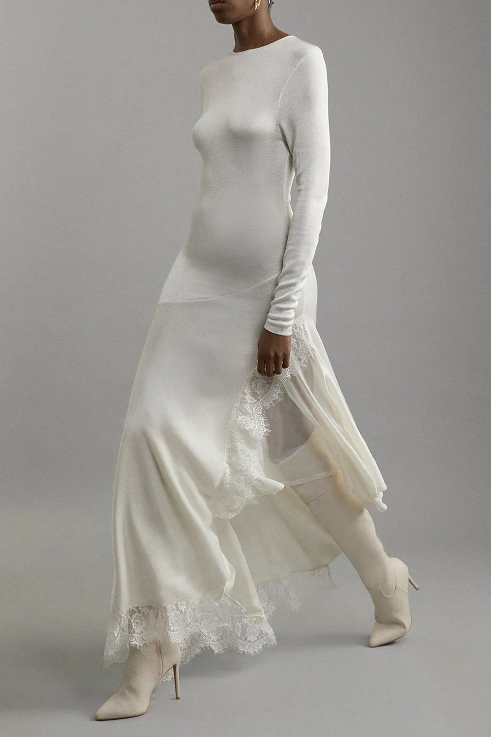 Viscose Blend Slinky Sheer Lace Detail Asymmetric Knit Midaxi Dress