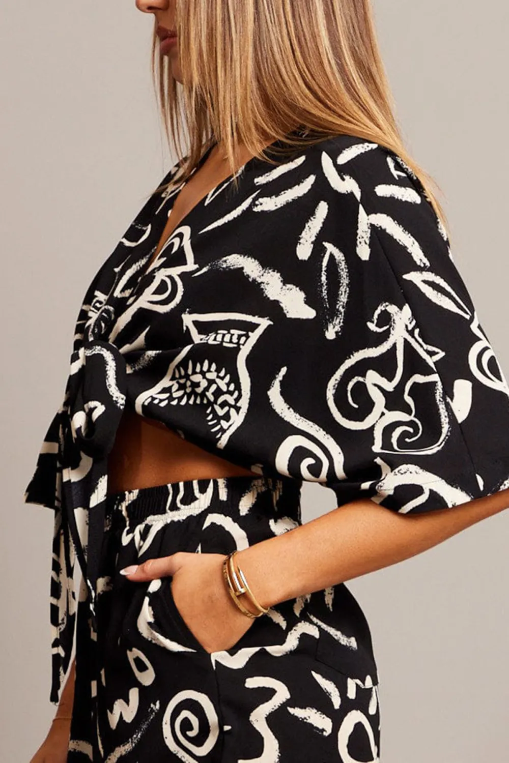 Black Abstract Tie Up Bolero Short Sleeve