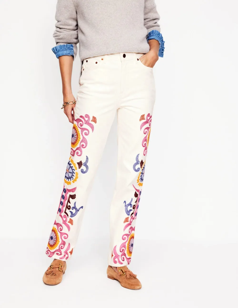 White Embroidered - Detail Wide - Leg Jeans