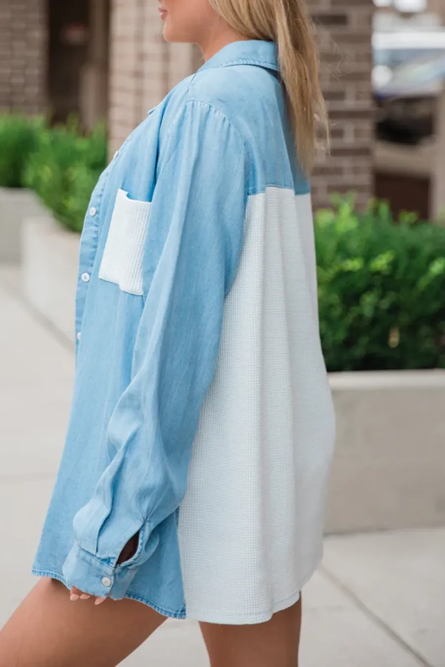 Waffle Detail Chambray Button Front Blouse