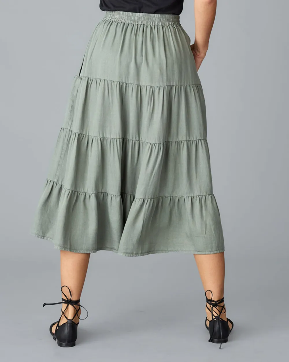 Olive Green Ruffled Midi Skirt