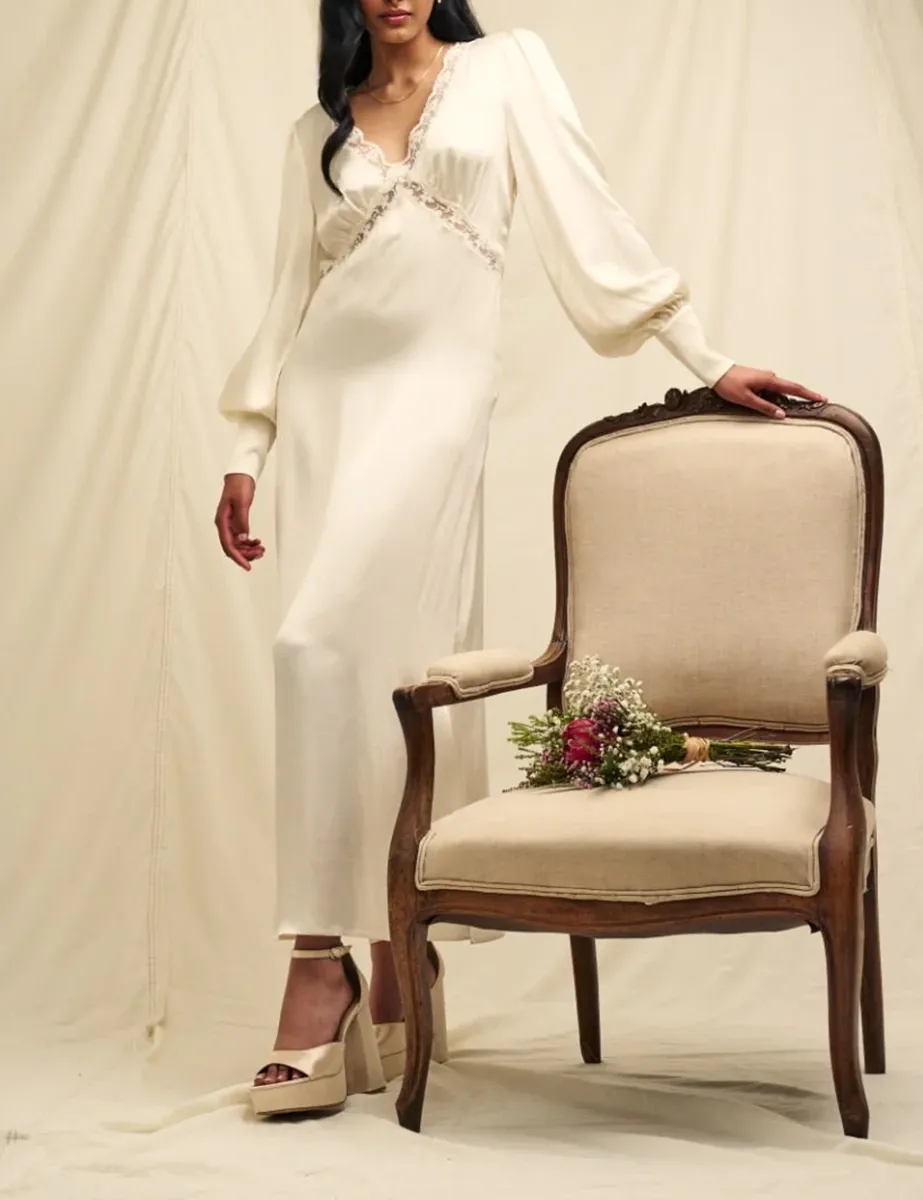 Ivory Satin Lace Trim Bridesmaid Maxi Dress