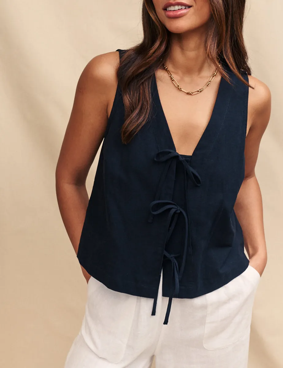 Black Linen-Blend Tie Front Top