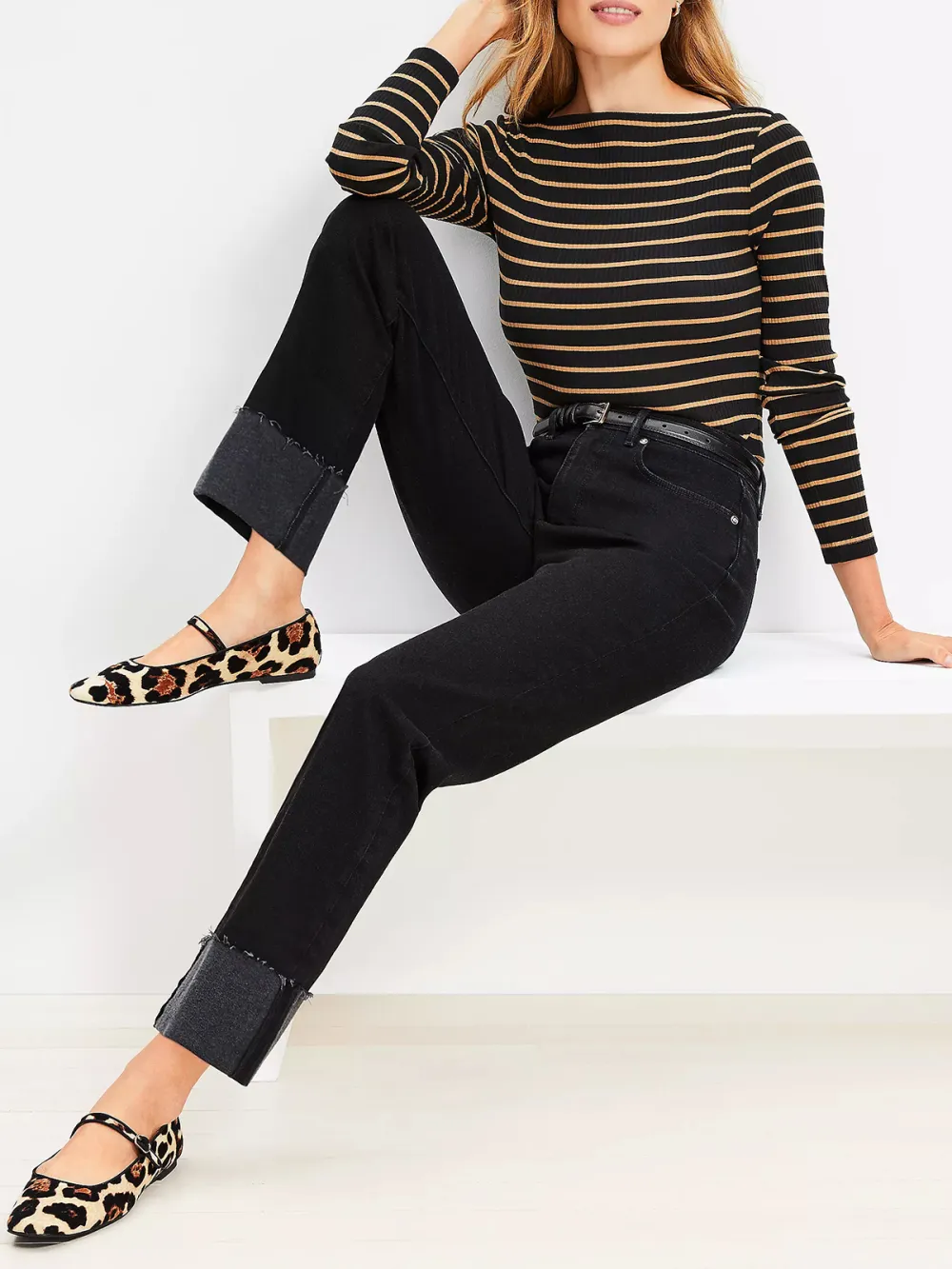 Flip Cuff High Rise Straight Jeans In Washed Black