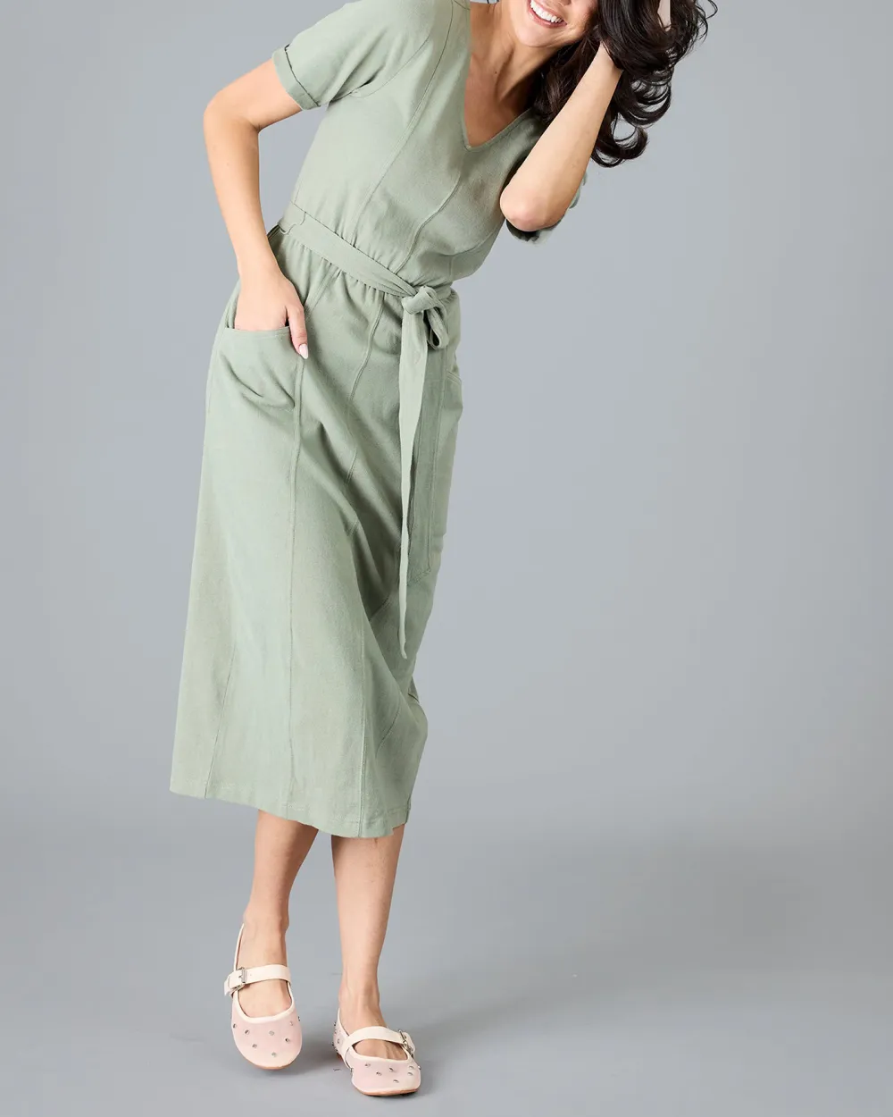Slight Stretch V Neck Midi Dress